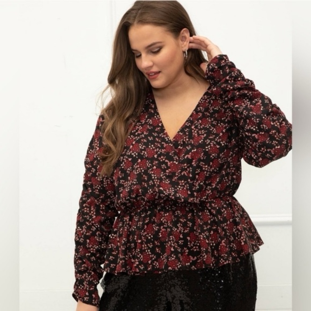 Eloquii Elements Floral Peplum Top Womens 24 Shirred Sleeve WhimsyGoth Fairy EUC